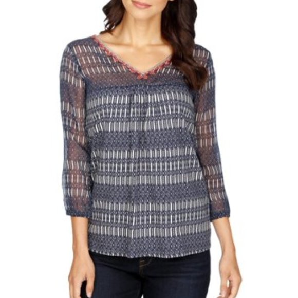 NWT Lucky Brand Vneck boho pullover top semi-sheer - Picture 1 of 8